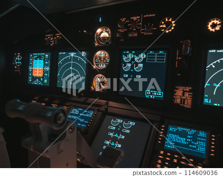 Cockpit view of an airplane during a night-time flight with illuminated instrument panels Cockpit view of an airplane during a night-time flight with illuminated instrument panels 114609036
