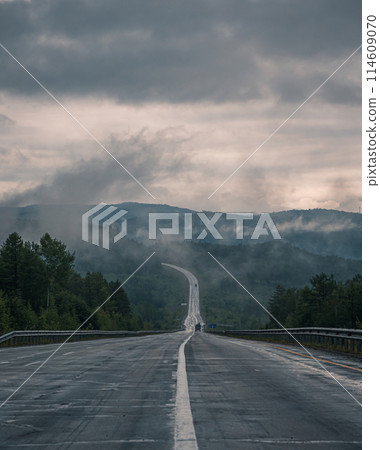 Straight empty highway stretching toward distant forest on a cloudy day Straight empty highway stretching toward distant forest on a cloudy day 114609070