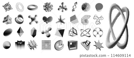 Halftone 3D figures. Retro monochrome volumetric shapes with halftone pattern texture. Y2k elements vector set Halftone 3D figures. Retro monochrome volumetric shapes with halftone pattern texture. Y2k elements vector set 114609114