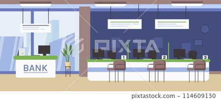 Bank office interior. Customer service counter at bank lobby, banking workplace flat vector background illustration 114609130