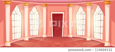 Ballroom hall background. Cartoon medieval castle interior with tall windows, royal grand hall vector illustration 114609132