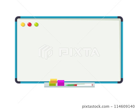 Empty whiteboard. Clean office board with markers and color magnets isolated cartoon vector illustration 114609140