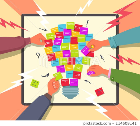 Team brainstorming. Hands with sticky notes, teamwork ideas board and collaboration concept vector illustration 114609141