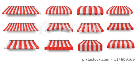 Store sunshade awning. Striped shop and cafe canopies, market stall covers with shadow isolated vector set 114609169