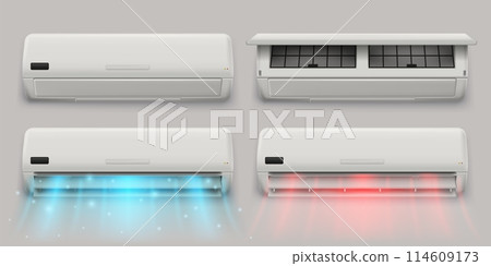 Split system air conditioner. Air conditioning device with open lid, standby and active mod with cooling and heating airflow 3D vector illustration set Split system air conditioner. Air conditioning device with open lid, standby and active mod with cooling and heating airflow 3D vector illustration set 114609173