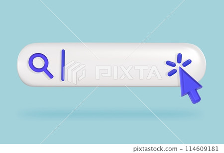Web search. Magnifying glass icon and clicking cursor pointer on search bar, 3D user interface vector illustration Web search. Magnifying glass icon and clicking cursor pointer on search bar, 3D user interface vector illustration 114609181