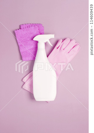 Various accessories cleaning products, sprays, rags, sponges. Top view, flat lay, copy space 114609439