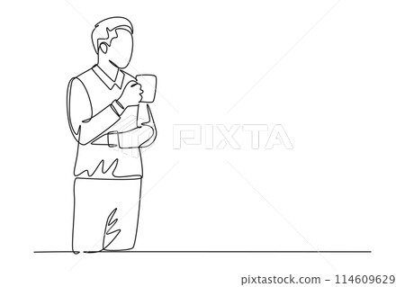 Continuous one line drawing young male worker standing and thinking about his work while holding cup of coffee during office break. Rest break concept. Single line design vector graphic illustration Continuous one line drawing young male worker standing and thinking about his work while holding cup of coffee during office break. Rest break concept. Single line design vector graphic illustration 114609629