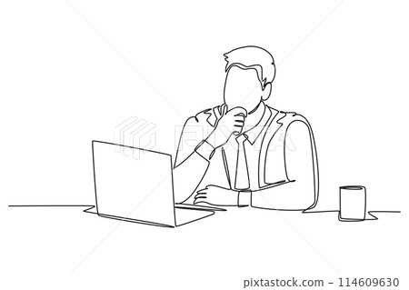 Single continuous line drawing young male worker sitting and thinking seriously in front of computer screen at the office. Work focus concept. Dynamic one line draw graphic design vector illustration Single continuous line drawing young male worker sitting and thinking seriously in front of computer screen at the office. Work focus concept. Dynamic one line draw graphic design vector illustration 114609630