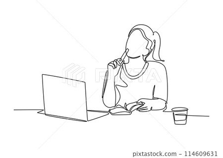 Single continuous line drawing beauty young female employee sitting on her chair and thinking of solution for her unfinished work. Think smart concept. One line draw graphic design vector illustration 114609631
