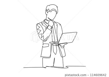 Single one line drawing young business man standing while holding tablet and thinking about business strategy at the office. Business idea concept. Continuous line design graphic vector illustration 114609642