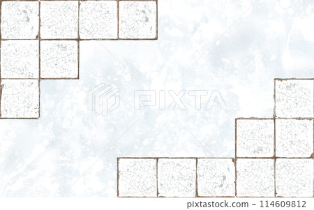 Empty ceramic tiles with cracked and scratched in corner compositions on the background of a concrete wall in monochrome color as a template for postcards, websites, invitations, posters 114609812