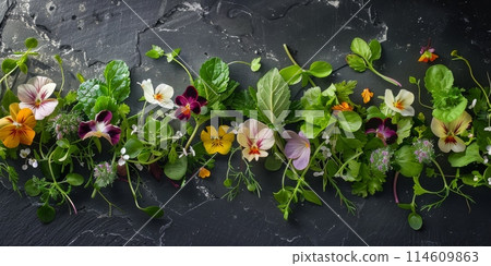 Garnishes and decorations used in gourmet cuisine, such as microgreens, edible flowers, or delicate herb leaves 114609863