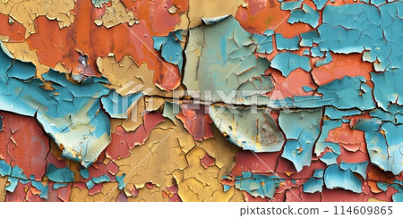 Close up of peeling paint on an old abandoned building, revealing the rich layers of color and texture 114609865