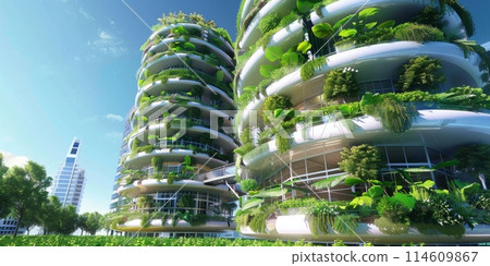 Urban agriculture systems, hydroponic gardens, or green walls inside buildings, showcasing innovative solutions  114609867
