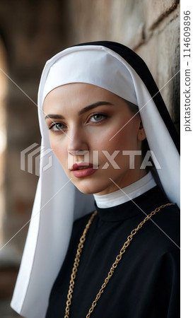 A beautiful woman in a black and white monastic robe stands against a wall 114609896