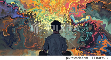 Cartoon young man lose yourself and finding myself concept 114609897