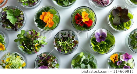 Garnishes and decorations used in a gourmet cuisine, such as microgreens, edible flowers, or delicate herb leaves 114609915
