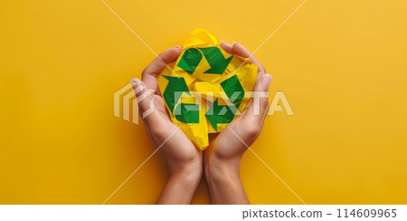 Woman hands holding sing of eco-friendly recycling, composting and using renewable energy 114609965
