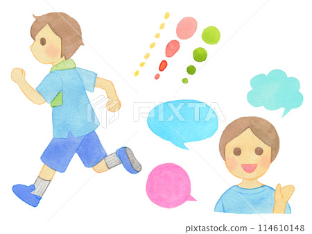 Boys and men talking energetically and running 114610148