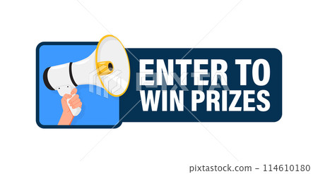 Enter to win prizes. Hand hold megaphone speaker for announce. Attention please. Shouting people, advertisement speech symbol. 114610180