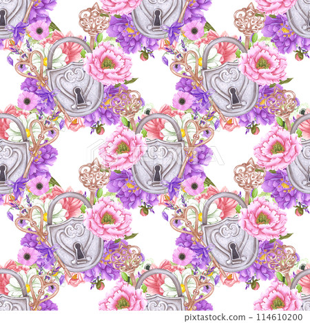 Hand drawn watercolor flowers bouquet with vintage lock keys seamless pattern. Baroque illustration isolated on white background. Can be used for textile, gift-wrapping and other printed products. 114610200