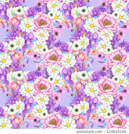 Hand drawn watercolor peony and anemone flowers bouquet seamless pattern isolated on blue background. Can be used for textile, scrapbook and other printed products. 114610248