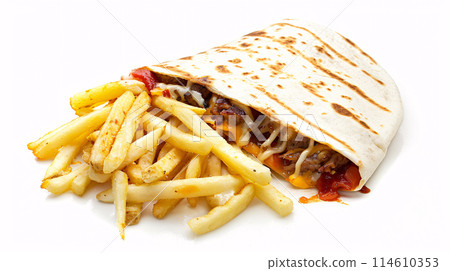 an artisan jucy  quesadilla with sauce, surrounded by golden and french fries on a white background 114610353