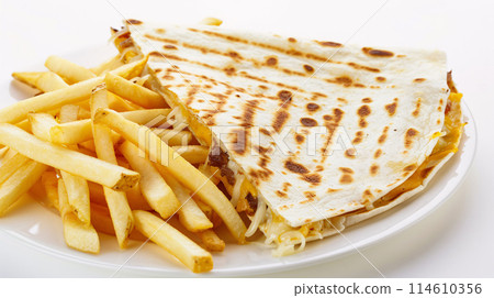 an artisan jucy quesadilla with sauce, surrounded by golden and french fries on a white background an artisan jucy quesadilla with sauce, surrounded by golden and french fries on a white background 114610356
