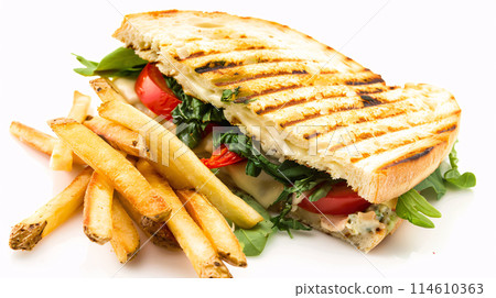 an artisan jucy panini with sauce, surrounded by golden and french fries on a white background an artisan jucy panini with sauce, surrounded by golden and french fries on a white background 114610363
