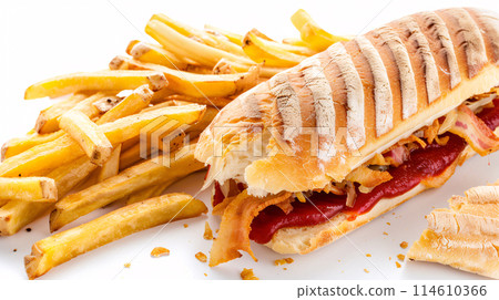 an artisan jucy panini with sauce, surrounded by golden and french fries on a white background 114610366