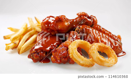 an artisan jucy buffalo wings with sauce, surrounded by golden and french fries on a white background an artisan jucy buffalo wings with sauce, surrounded by golden and french fries on a white background 114610368