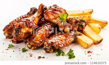 an artisan juicy chicken with sauce, surrounded by golden and french fries on a white background 114610373