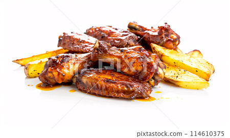 an artisan juicy chicken with sauce, surrounded by golden and french fries on a white background 114610375