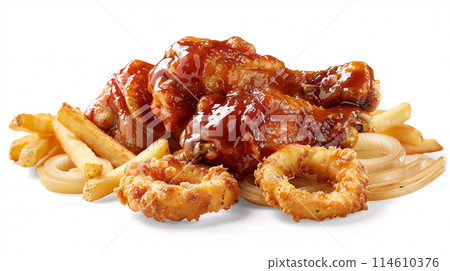 an artisan juicy chicken with sauce, surrounded by golden and french fries on a white background 114610376