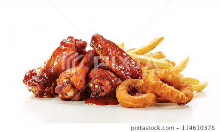 an artisan juicy chicken with sauce, surrounded by golden and french fries on a white background 114610378