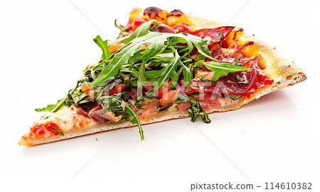 an artisanpizza with sauce, surrounded by golden and french fries on a white background an artisanpizza with sauce, surrounded by golden and french fries on a white background 114610382