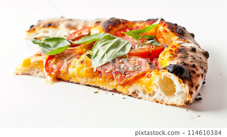 an artisanpizza with sauce, surrounded by golden and french fries on a white background 114610384