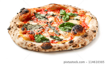 an artisanpizza with sauce, surrounded by golden and french fries on a white background an artisanpizza with sauce, surrounded by golden and french fries on a white background 114610385