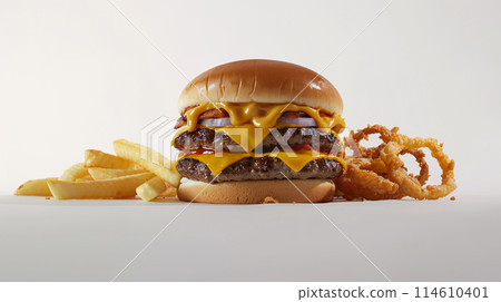 an artisan juicy burger with sauce, surrounded by golden and french fries on a white background 114610401