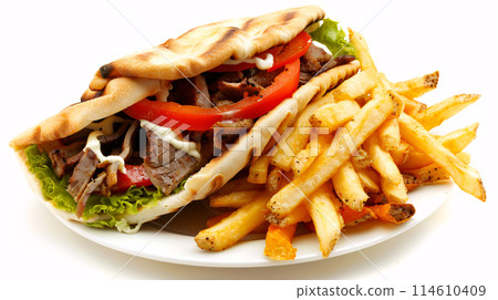 an artisan juicy gyros with sauce, surrounded by golden and french fries on a white background an artisan juicy gyros with sauce, surrounded by golden and french fries on a white background 114610409