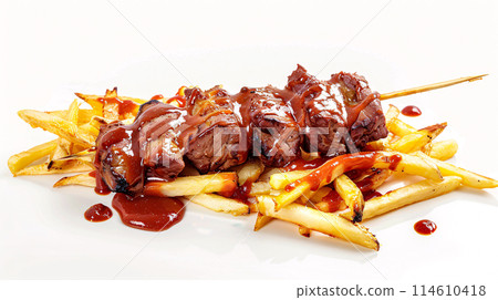 an artisan juicy kebab with sauce, surrounded by golden and french fries on a white background an artisan juicy kebab with sauce, surrounded by golden and french fries on a white background 114610418