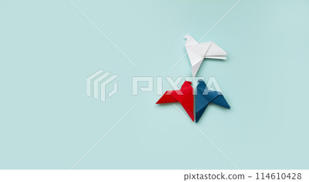 banner three doves made of origami paper in white, red and blue, colors of French, Dutch, Croatian, Czech, Slovak, Slovenian, Paraguayan, Serbian flags on background 114610428