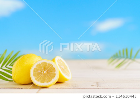 Simple summer image background of lemons and palm leaves on blue sky 114610445