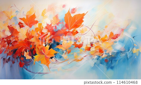 Abstract autumn backgrounds. Whirlwind of maple red and orange leaves on blue sky. Abstract autumn backgrounds. Whirlwind of maple red and orange leaves on blue sky. 114610468
