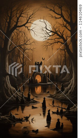 Gathering of strange forest folk on the black forest lake under a full moon at night, vertical image. Gathering of strange forest folk on the black forest lake under a full moon at night, vertical image. 114610469