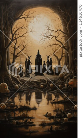 Coven of fairy in black forest under a full moon at night, vertical image. Coven of fairy in black forest under a full moon at night, vertical image. 114610470