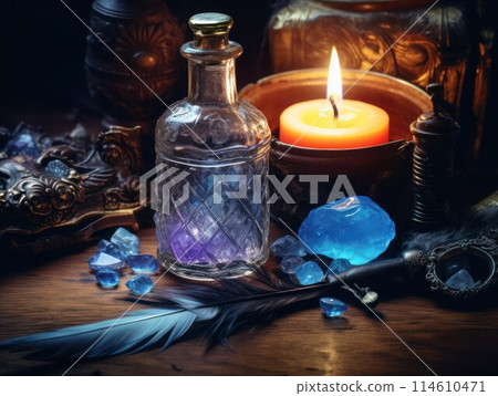 Magic vintage crystal bottle, birds feather, blue crystals, burning candle on a wooden table, cinematic style, close-up, selective focus. Magic vintage crystal bottle, birds feather, blue crystals, burning candle on a wooden table, cinematic style, close-up, selective focus. 114610471