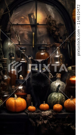 Black cat sits on a table in the witches kitchen among pumpkins and magic bottles. Samhain vibes, vertical image. Black cat sits on a table in the witches kitchen among pumpkins and magic bottles. Samhain vibes, vertical image. 114610472