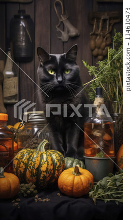 Black cat with green eyes sits on a table in the witches kitchen among pumpkins and magic tools. Samhain vibes, vertical image. Black cat with green eyes sits on a table in the witches kitchen among pumpkins and magic tools. Samhain vibes, vertical image. 114610473